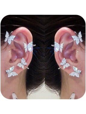 Women's Silver Alloy Butterfly Ear Rhinestone Wrap No Piercing Cuff Clip Earring